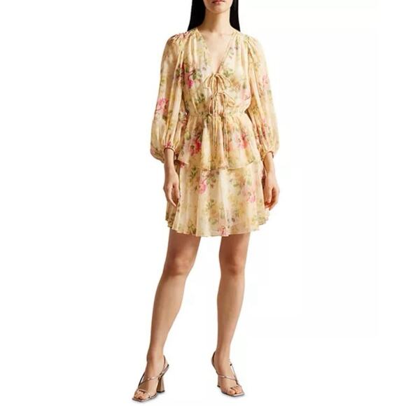 NWOT Women’s Ted Baker Tamziy V-Neck Tie Front Mini Dress SZ 6 / US 14 - Picture 2 of 8